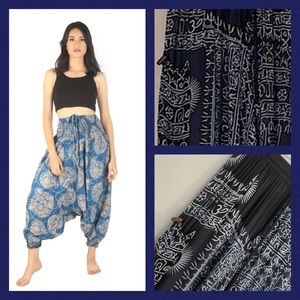 Boho Buddhist Yoga Navy Blue & White Drop Harem Pants